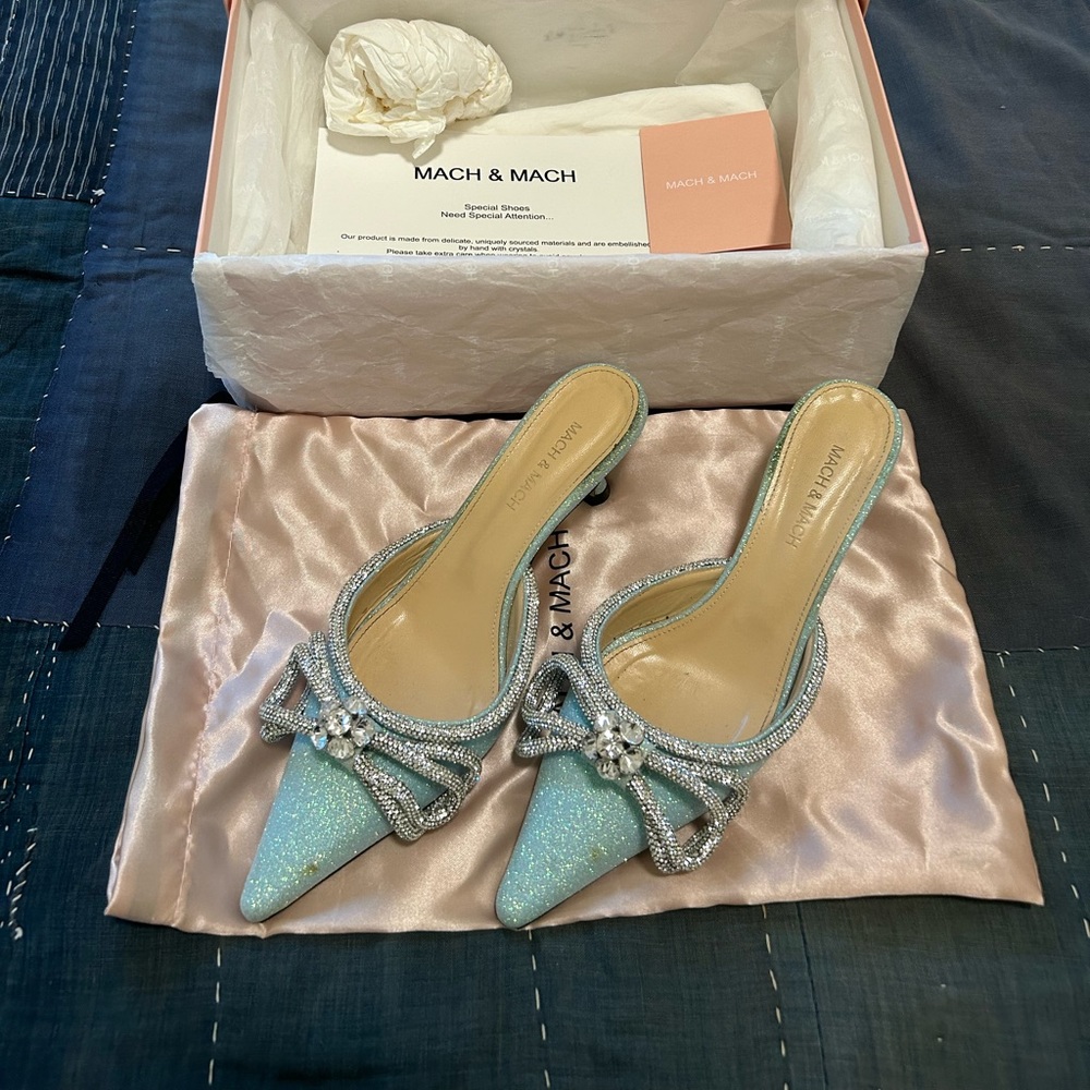 Mach & Mach Glitter Double Bow Mules Blue 38.5 SS21-2210
